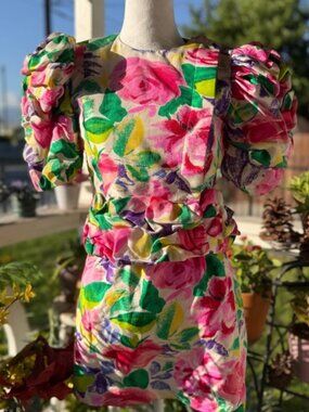 Othr Pink Green Floral Puff Sleeve Mini Dress